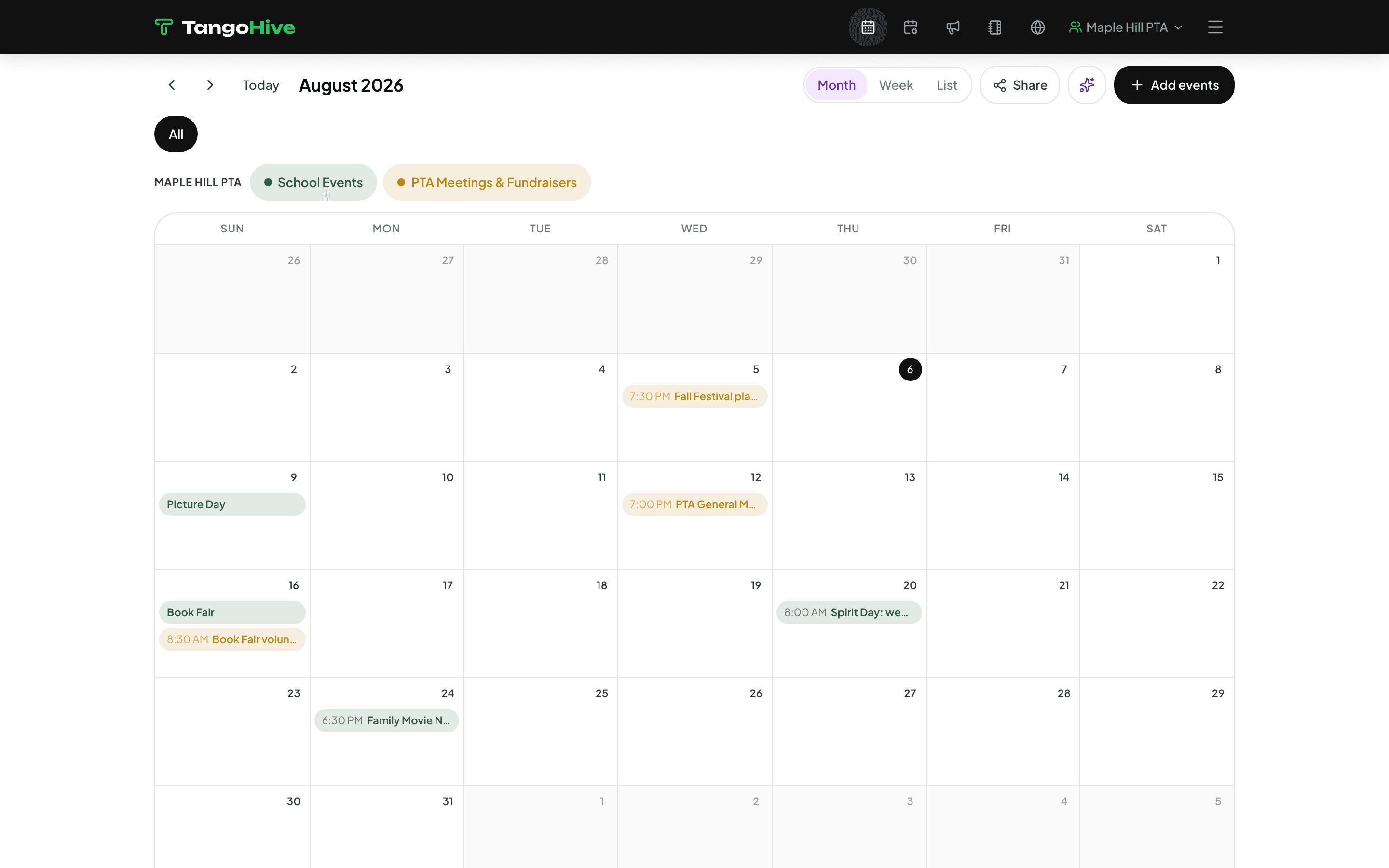 The month view inside TangoHive