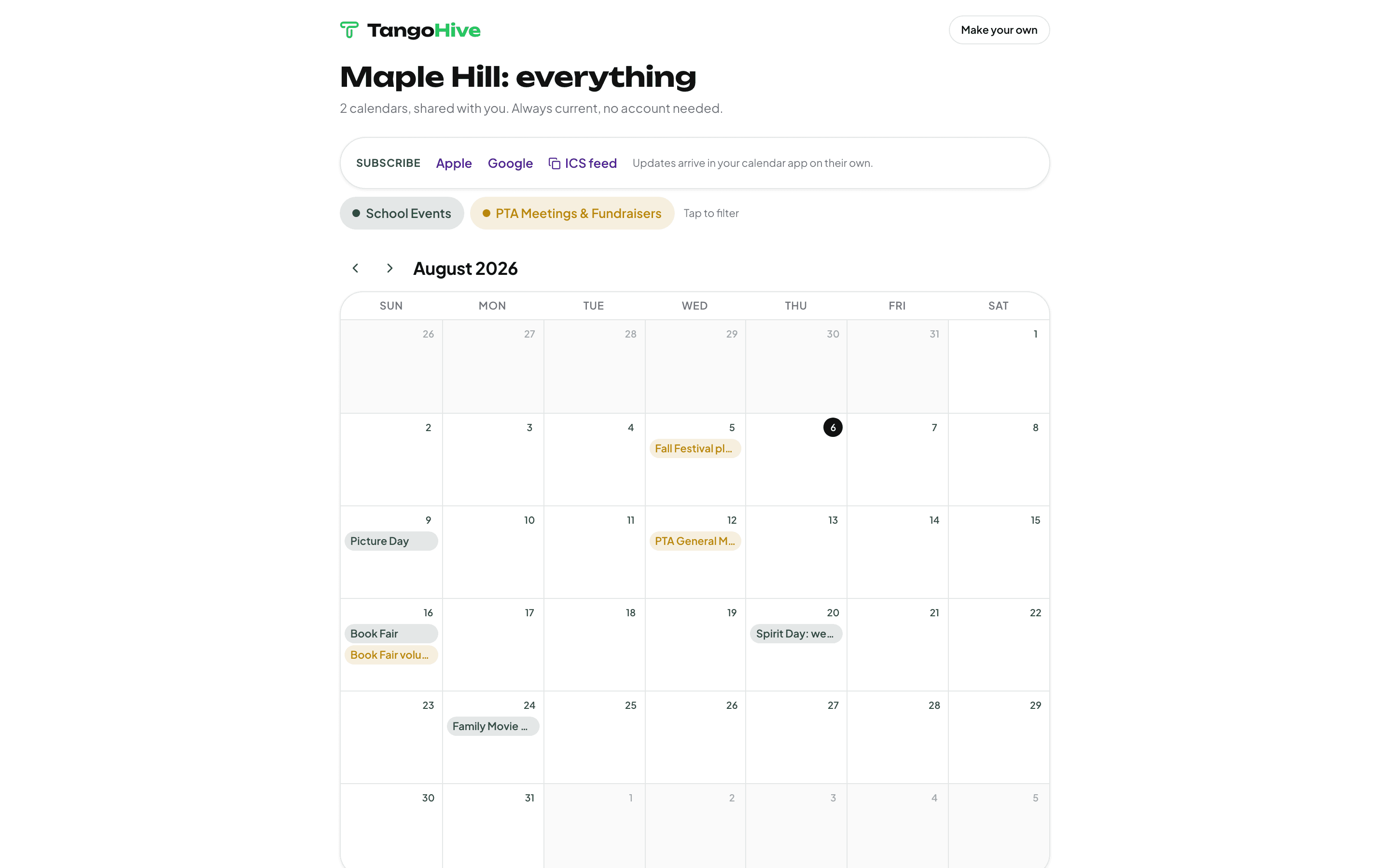 The full shared calendar page