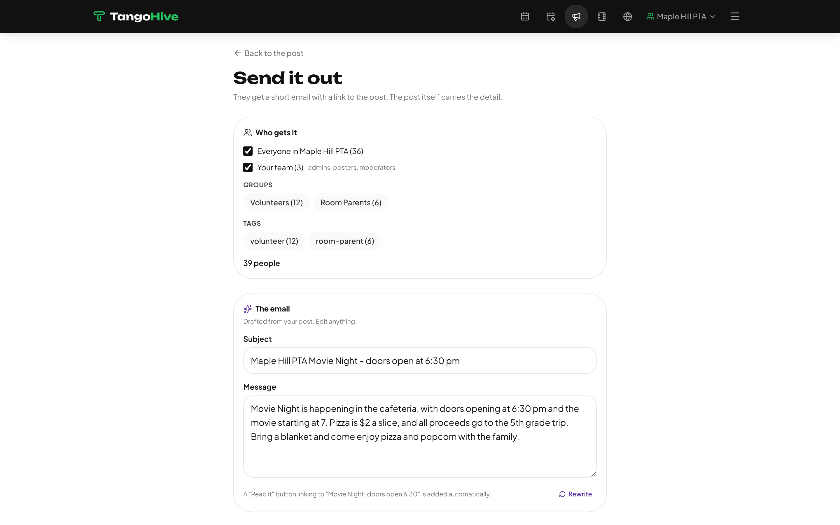 The notify screen with a drafted announcement and audience picker