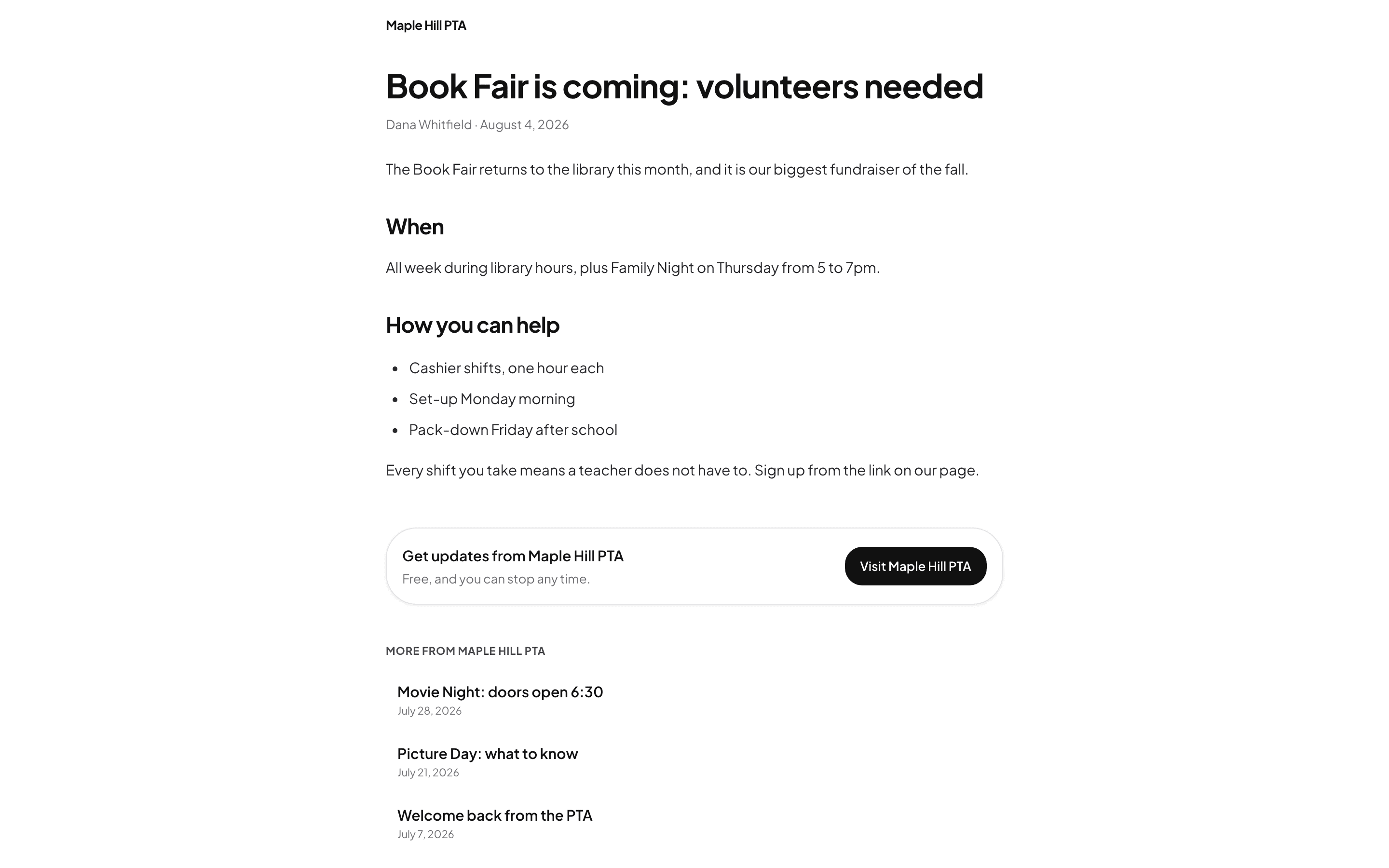 A published post: Book Fair volunteers needed