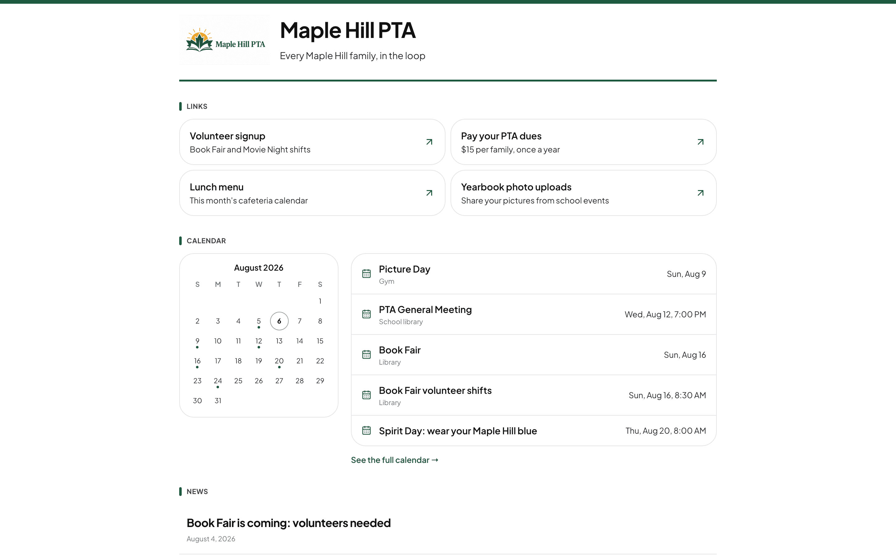 Maple Hill PTA's public site: banner, links, calendar, and news