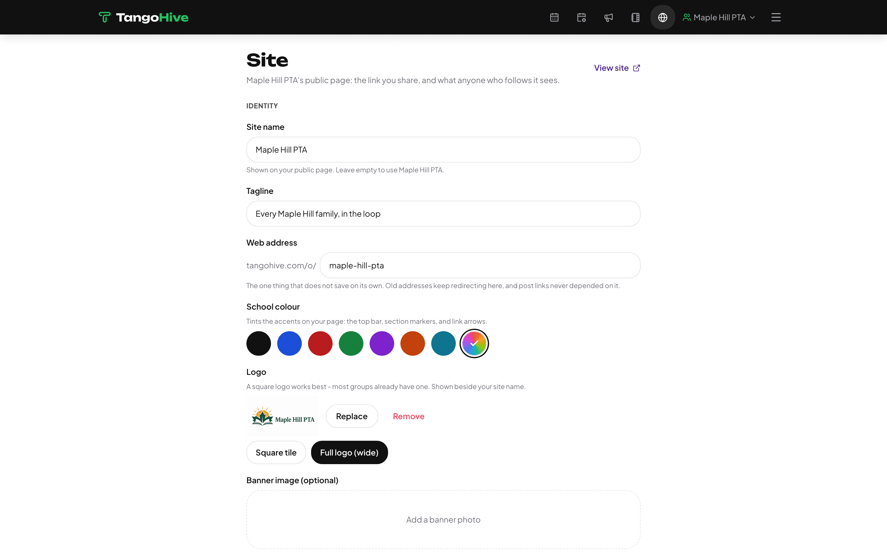 Site settings with colour and logo choices