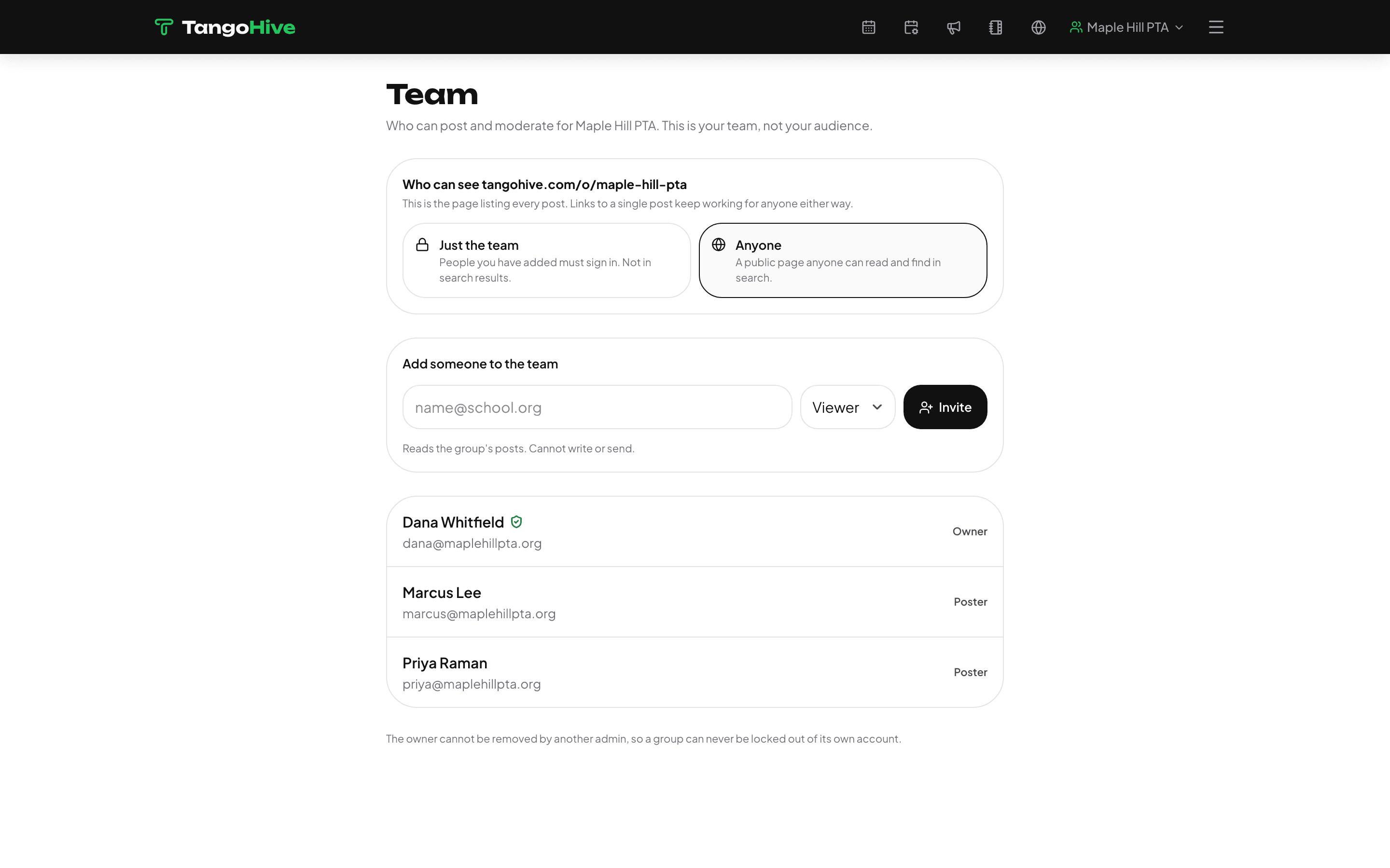 The team screen with board members and roles