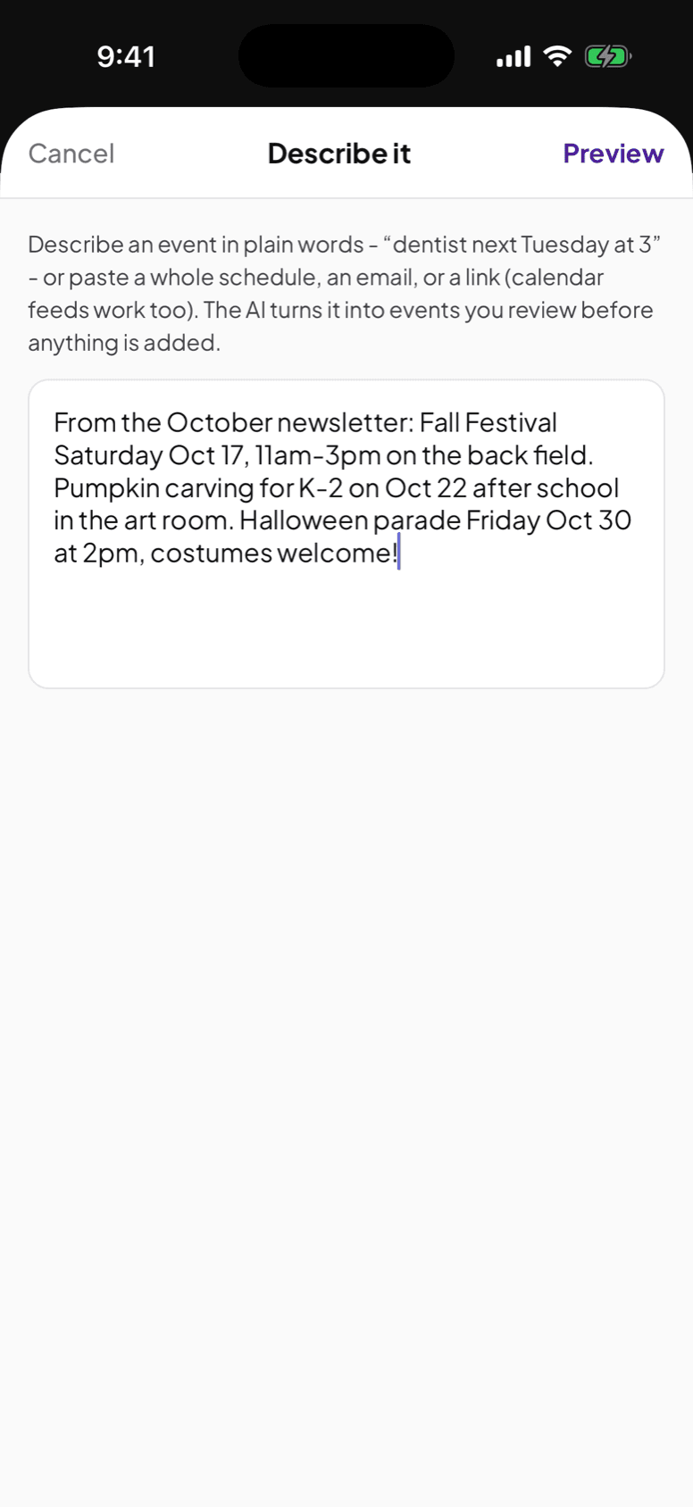 Pasting a school newsletter into the app