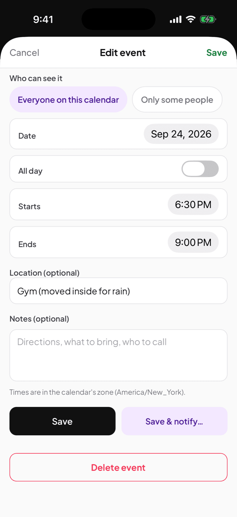 Editing an event, with Save and Save and notify buttons