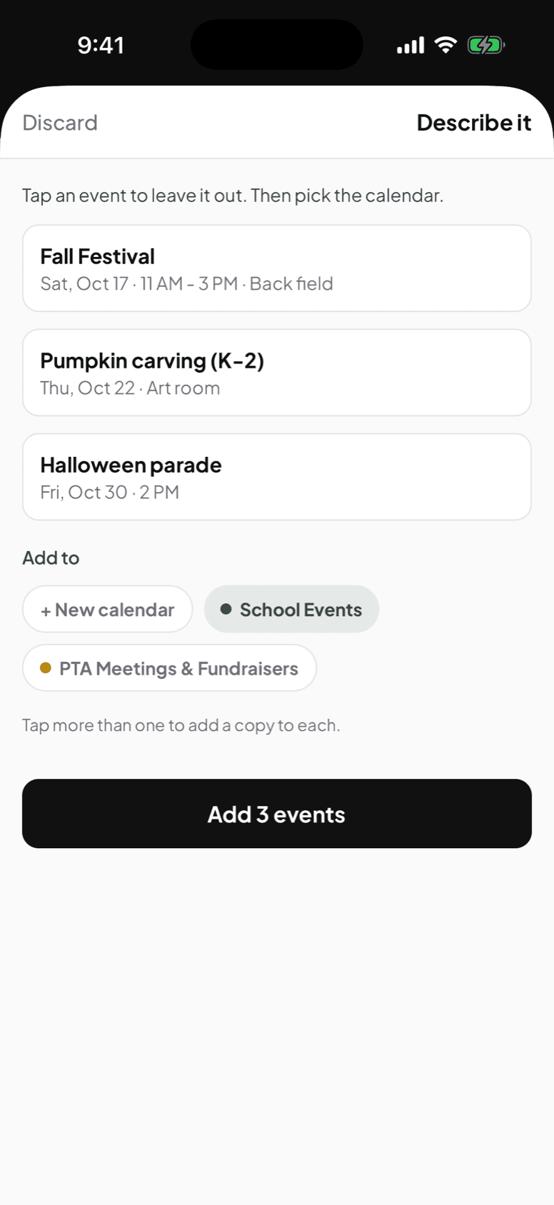 Three drafted events ready to review, with a calendar picker