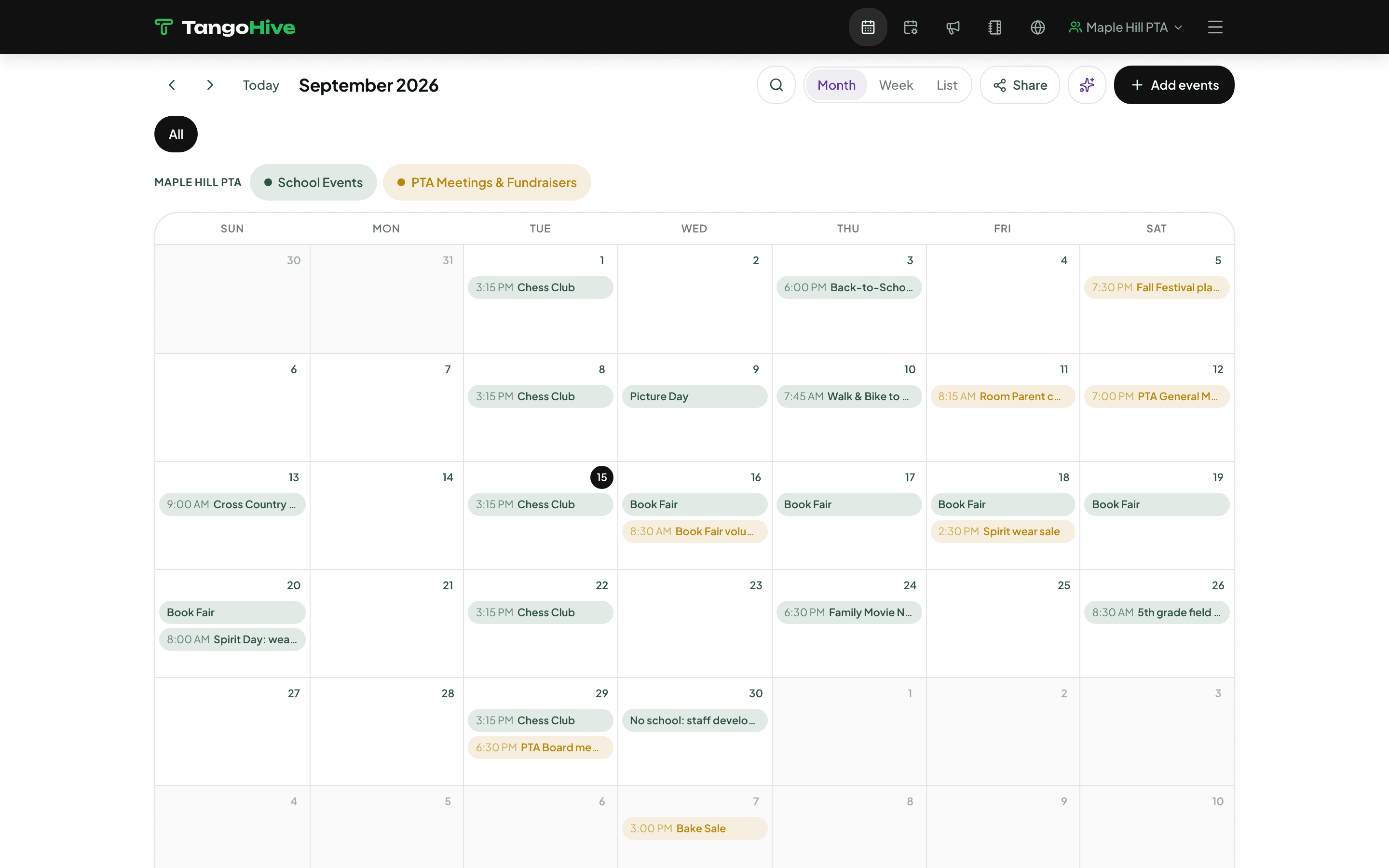 The month view inside TangoHive on the web