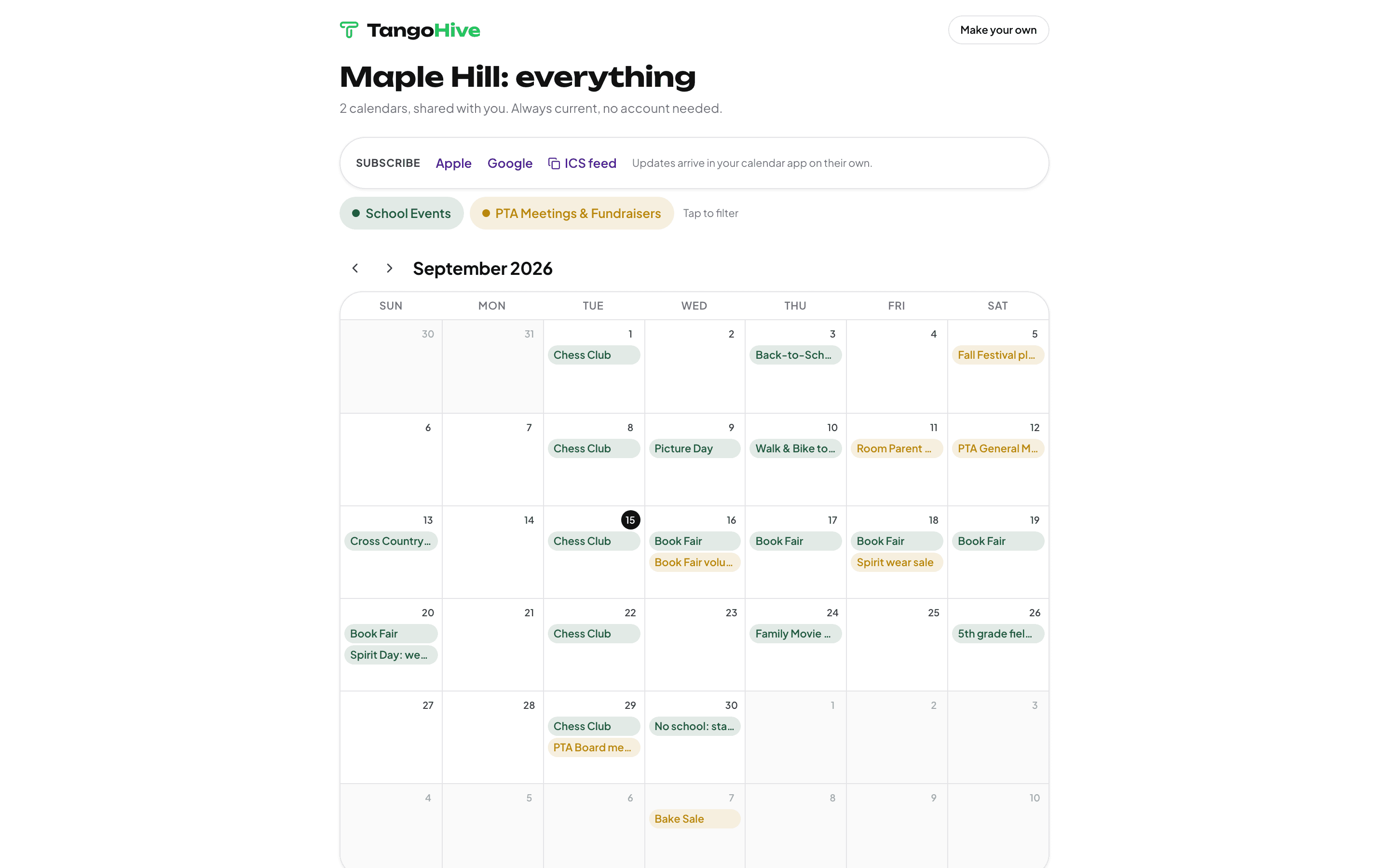 The shared calendar page with Apple, Google, and ICS subscribe buttons