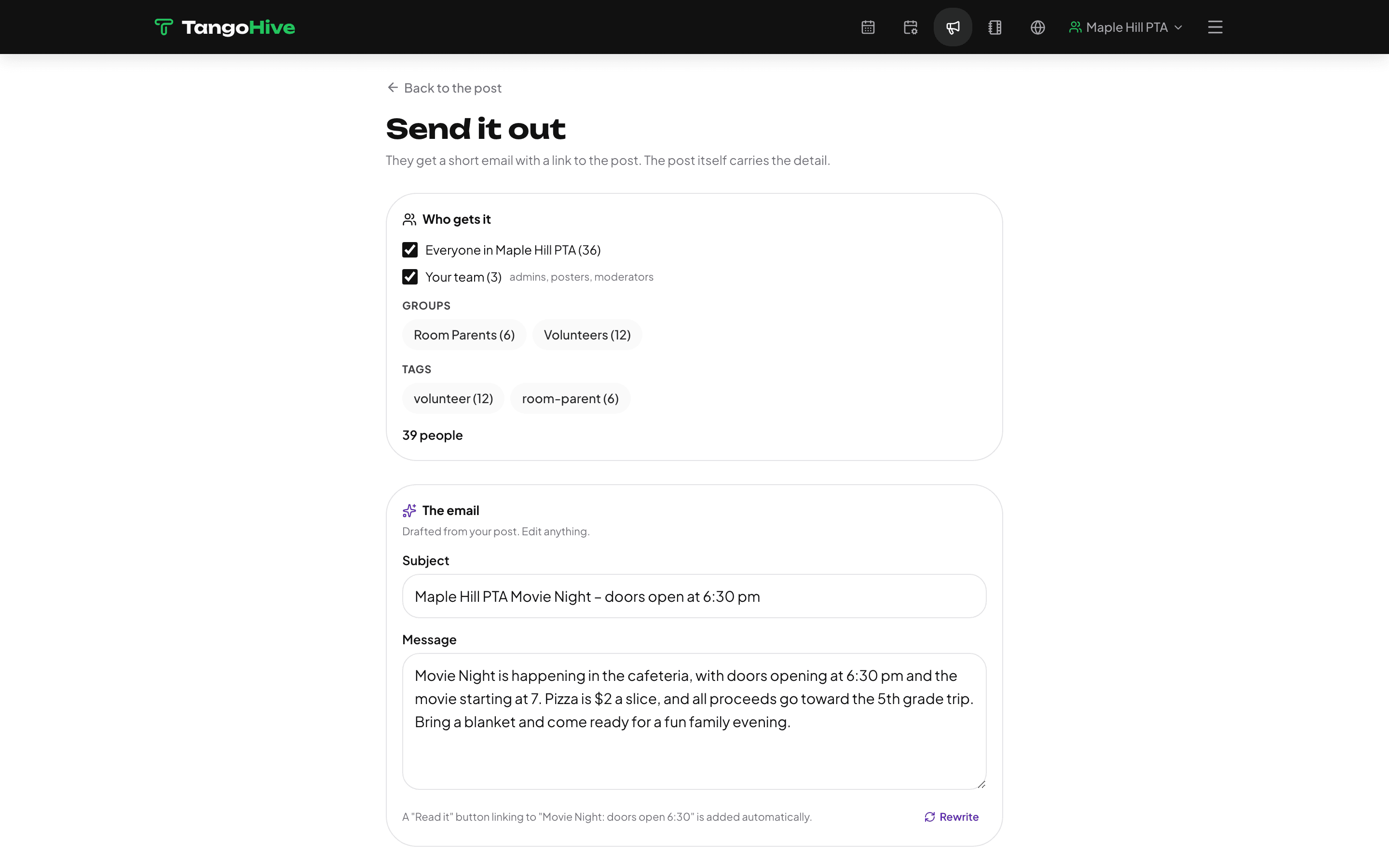 The notify screen with a drafted announcement and audience picker