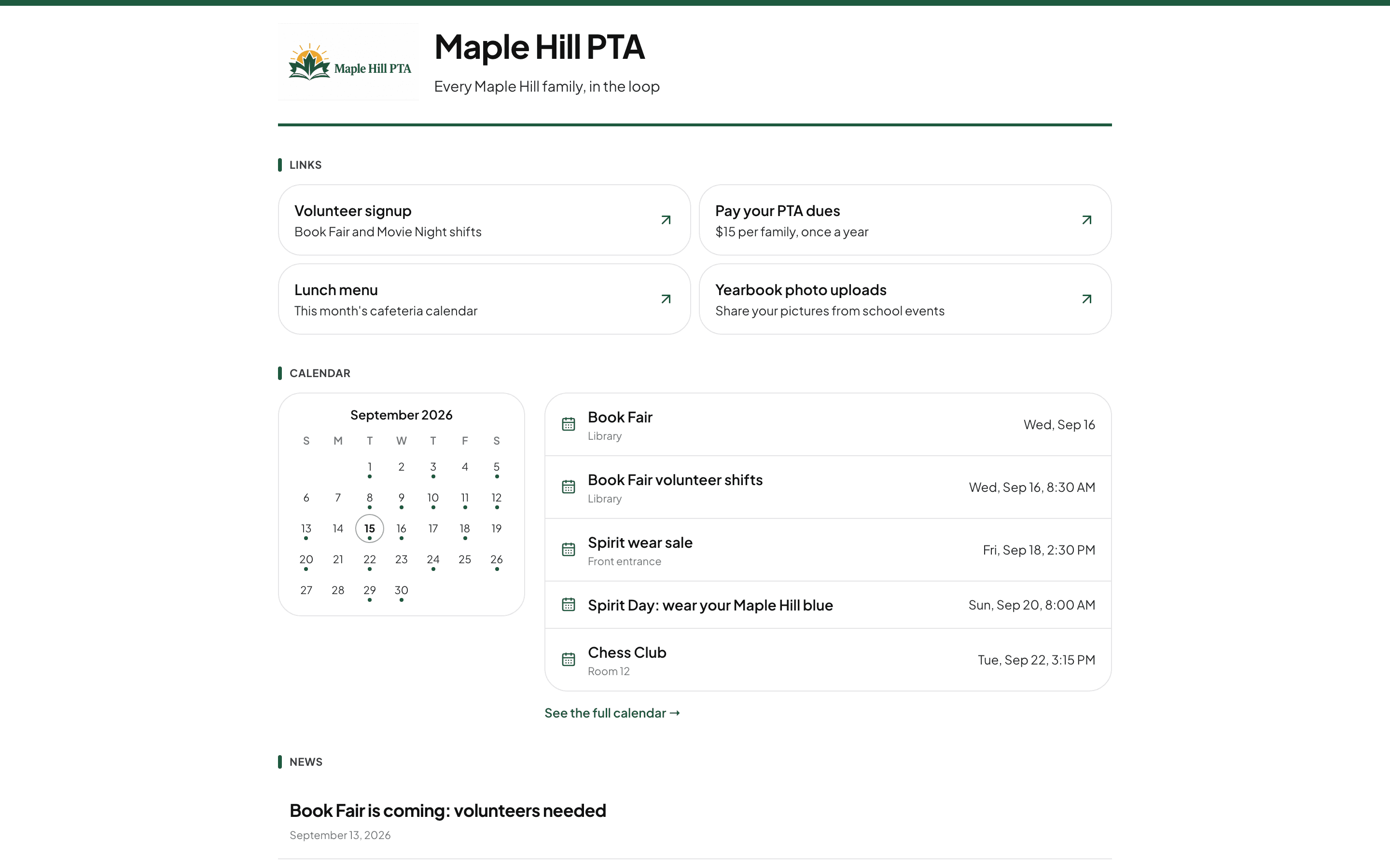 A group's public site on TangoHive: banner, links, calendar, and news