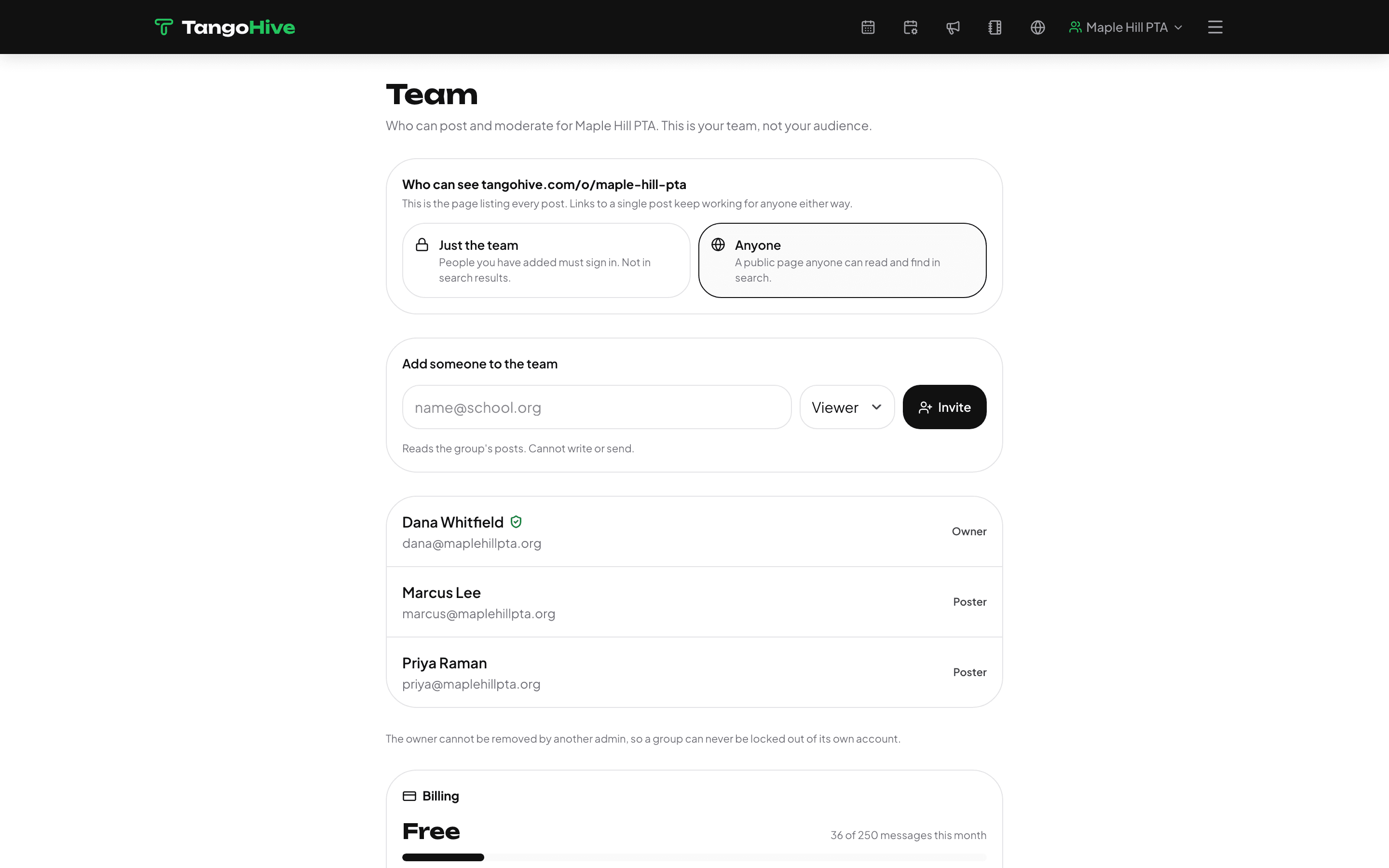 The team screen with board members and roles